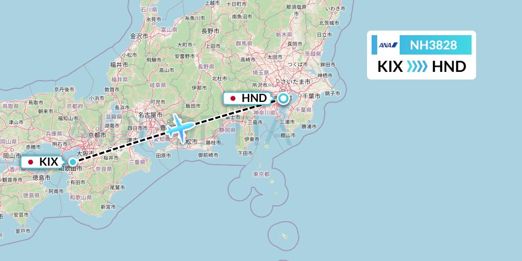 NH3828 All Nippon Airways Flight Map: Osaka to Tokyo