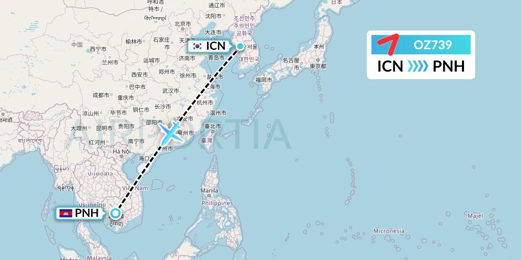 OZ739 Asiana Airlines Flight Map: Seoul to Phnom Penh