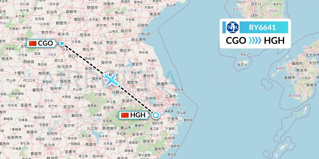 RY6641 Jiangxi Air Flight Map: Zhengzhou to Hangzhou
