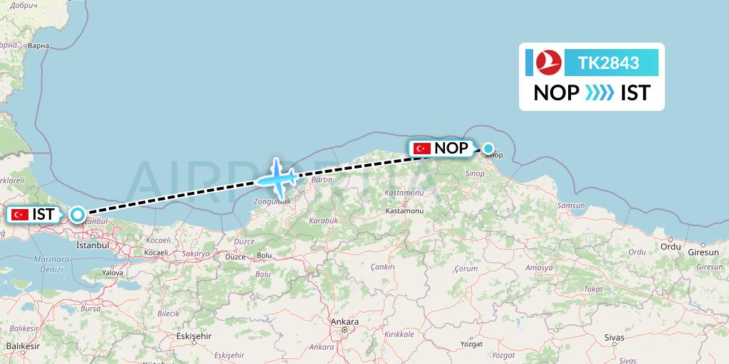 TK2843 Turkish Airlines Flight Map: Sinop to Istanbul