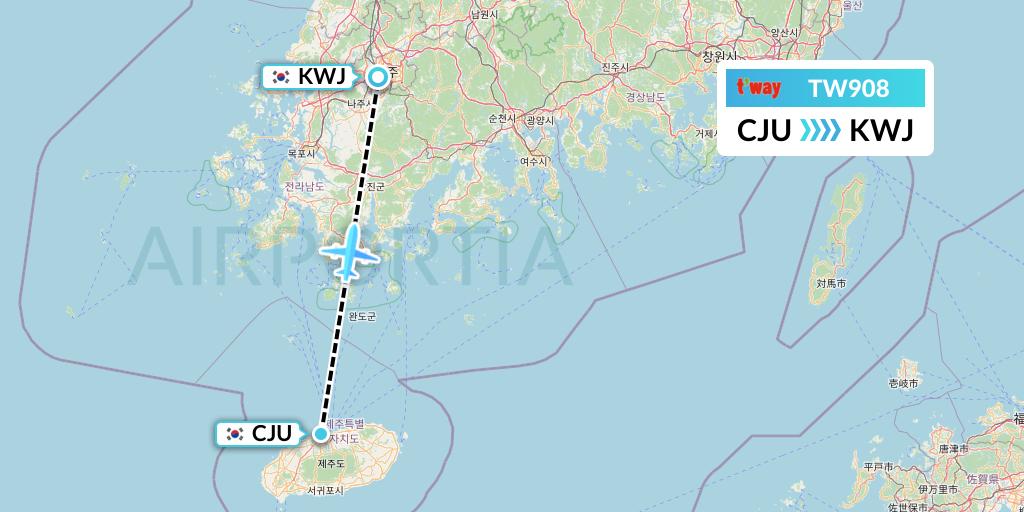 TW908 T'way Air Flight Map: Jeju to Gwangju