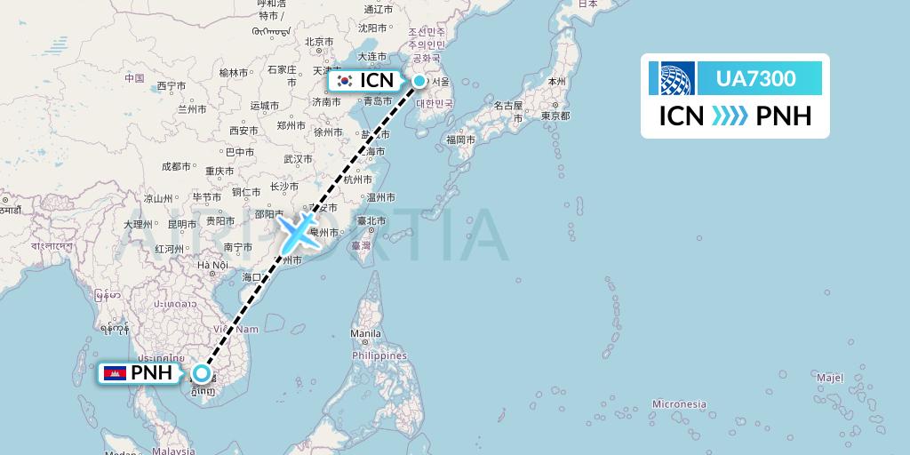 UA7300 United Airlines Flight Map: Seoul to Phnom Penh