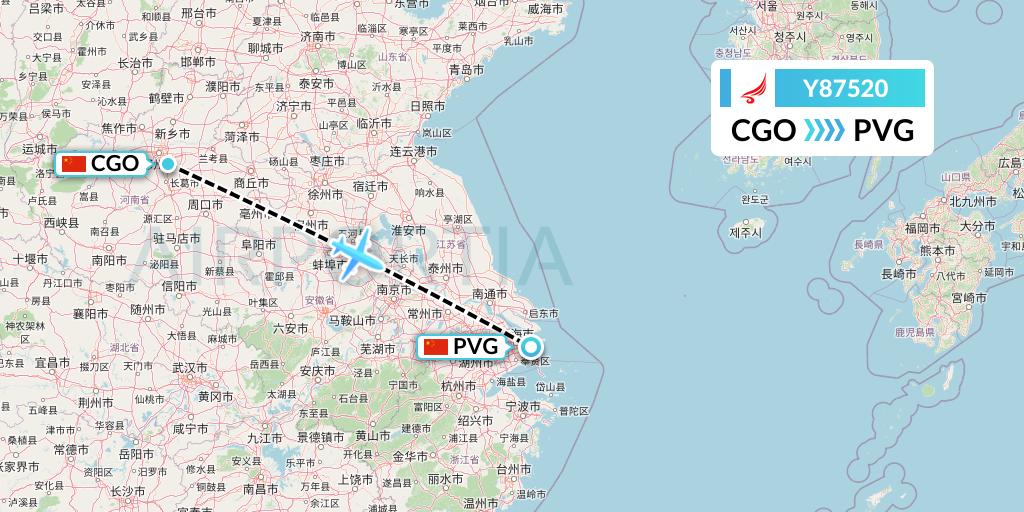 Y87520 Yangtze River Express Flight Map: Zhengzhou to Shanghai