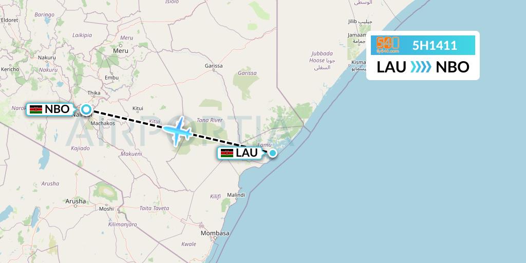5H1411 Fly540 Flight Map: Lamu to Nairobi