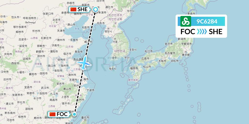 9C6284 Spring Airlines Flight Map: Fuzhou to Shenyang