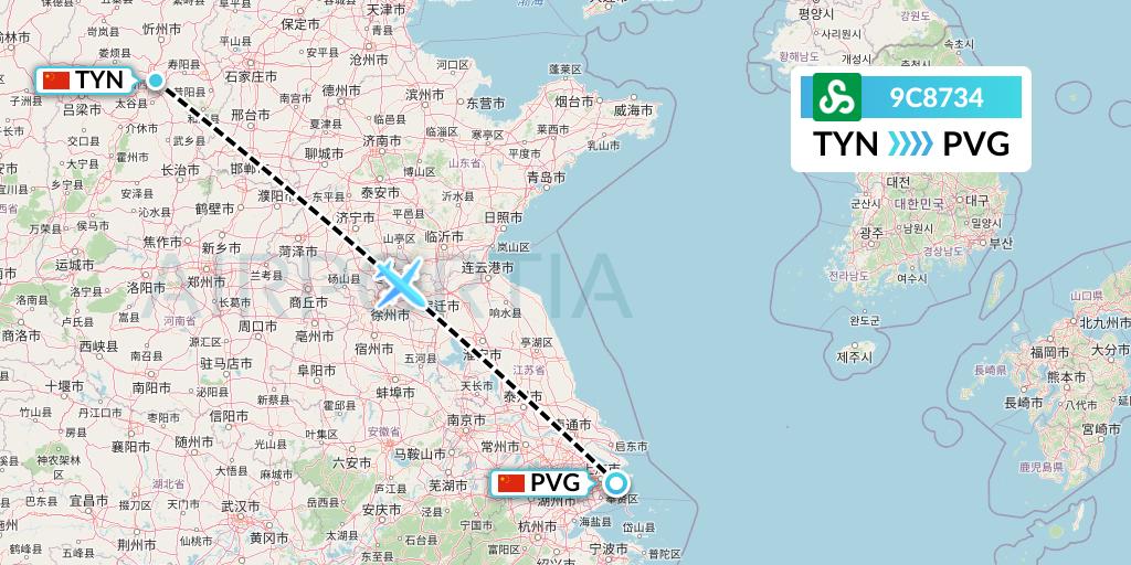 9C8734 Spring Airlines Flight Map: Taiyuan to Shanghai