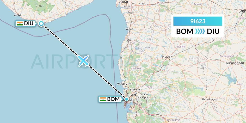 9I623 Air India Regional Flight Map: Mumbai to Diu