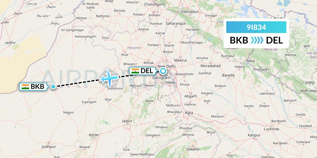 9I834 Air India Regional Flight Map: Bikaner to Delhi