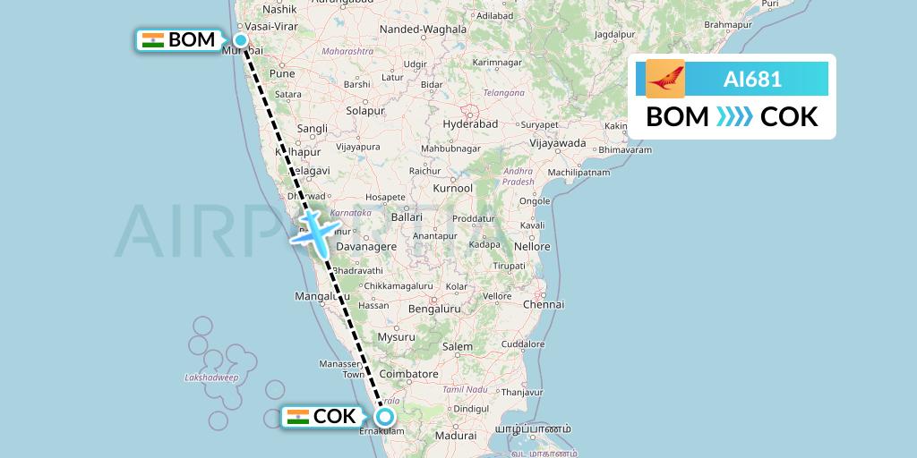 AI681 Air India Flight Map: Mumbai to Cochin