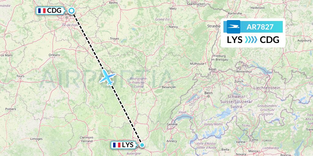 AR7827 Aerolineas Argentinas Flight Map: Lyon to Paris