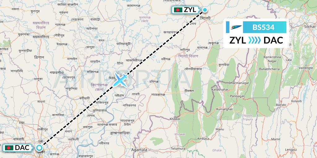 BS534 US-Bangla Airlines Flight Map: Sylhet to Dhaka