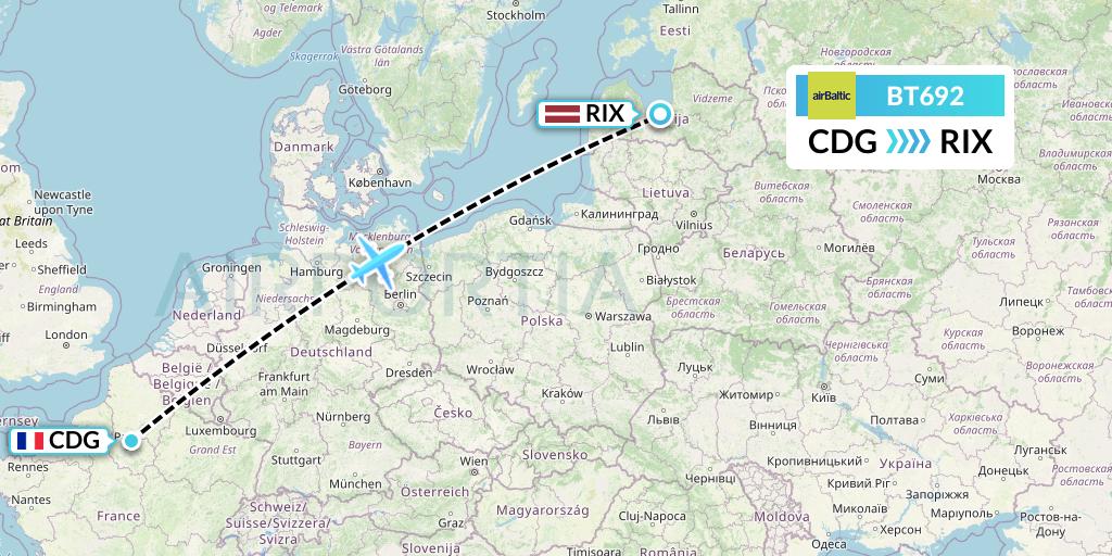 BT692 Air Baltic Flight Map: Paris to Riga