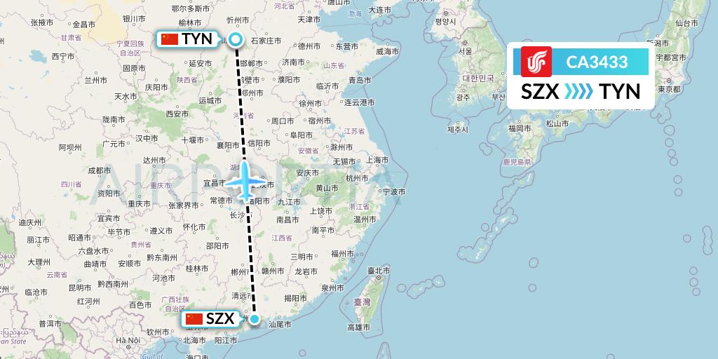 CA3433 Air China Flight Map: Shenzhen to Taiyuan