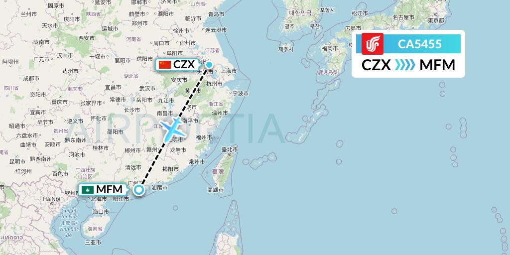 CA5455 Air China Flight Map: Changzhou to Macau