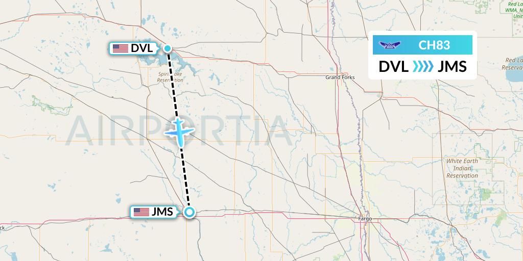 CH83 Bemidji Airlines Flight Map: Devils Lake to Jamestown