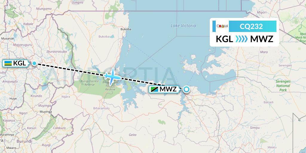 CQ232 Coastal Aviation Flight Map: Kigali to Mwanza
