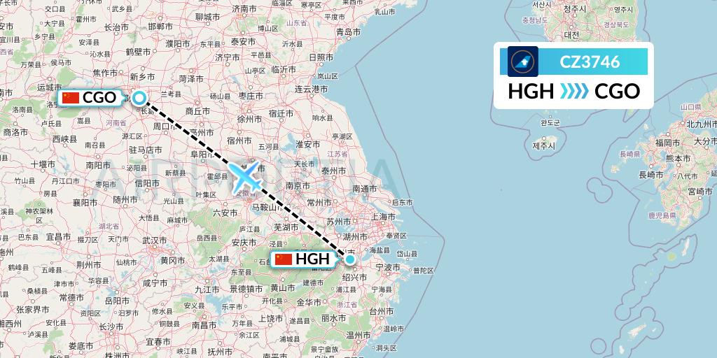 CZ3746 China Southern Airlines Flight Map: Hangzhou to Zhengzhou