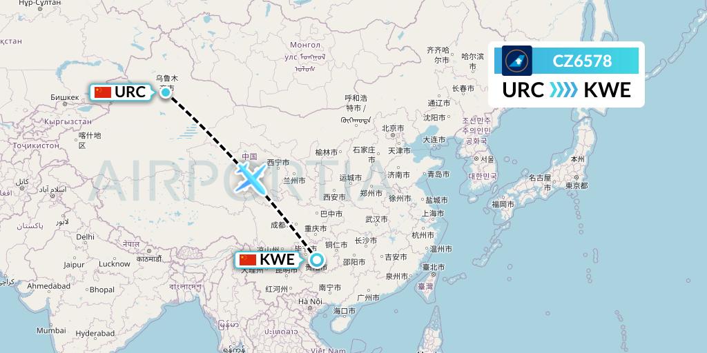 CZ6578 China Southern Airlines Flight Map: Urumqi to Guiyang
