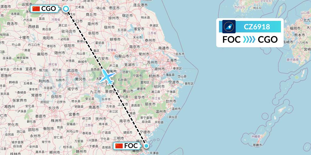 CZ6918 China Southern Airlines Flight Map: Fuzhou to Zhengzhou