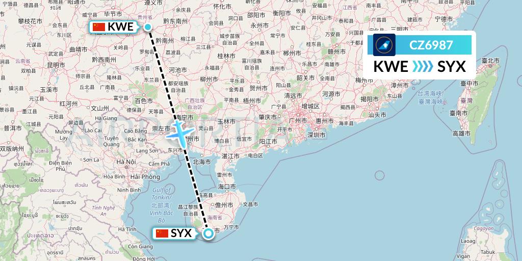 CZ6987 China Southern Airlines Flight Map: Guiyang to Sanya