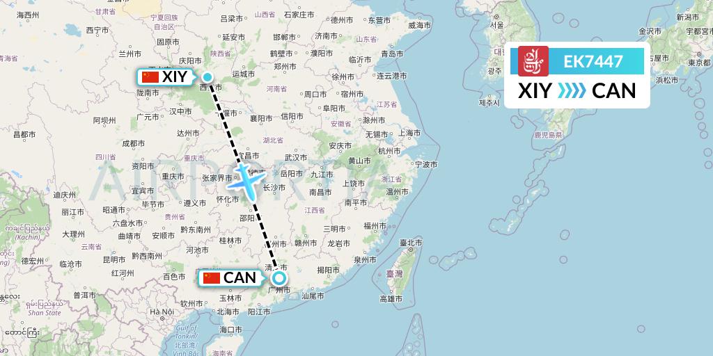 EK7447 Emirates Flight Map: Xi'an to Guangzhou