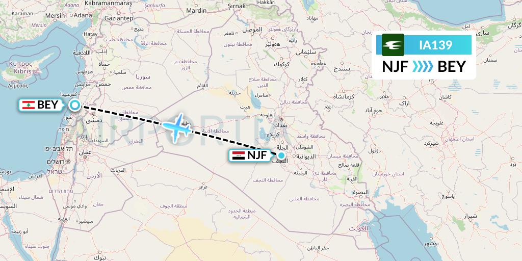 IA139 Iraqi Airways Flight Map: Najaf to Beirut