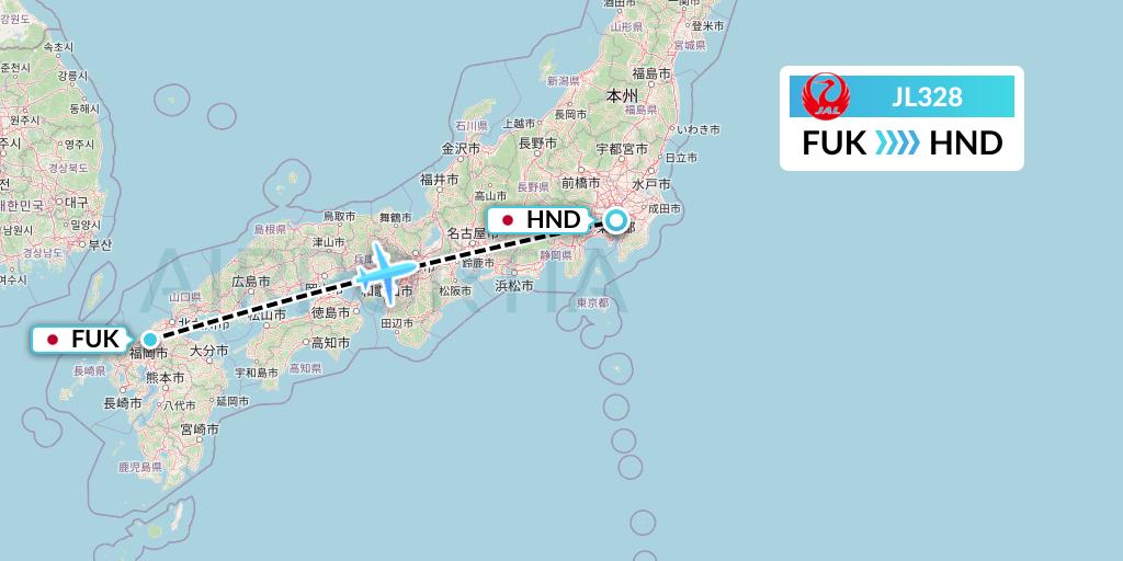 JL328 Japan Airlines Flight Map: Fukuoka to Tokyo