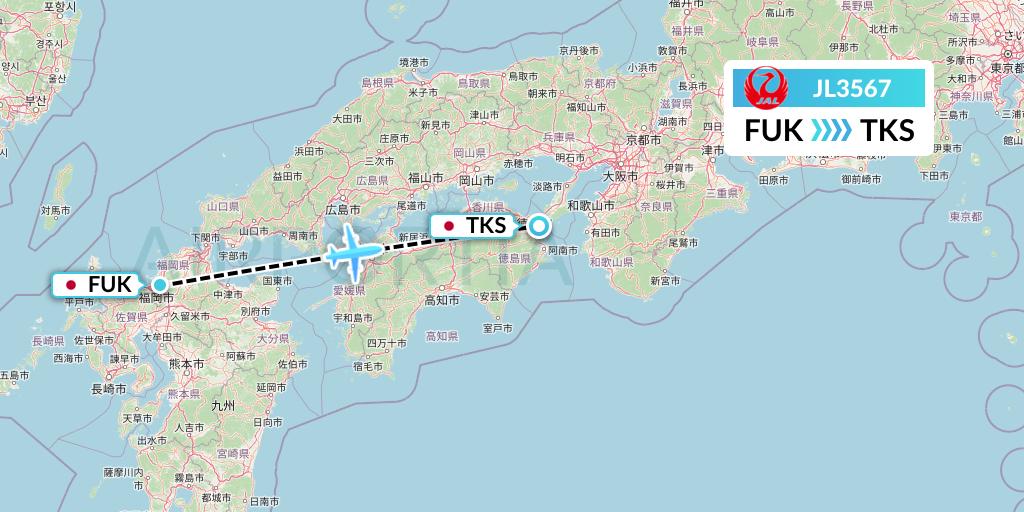 JL3567 Japan Airlines Flight Map: Fukuoka to Tokushima