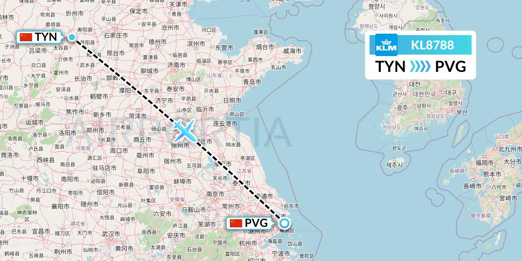 KL8788 KLM Flight Map: Taiyuan to Shanghai