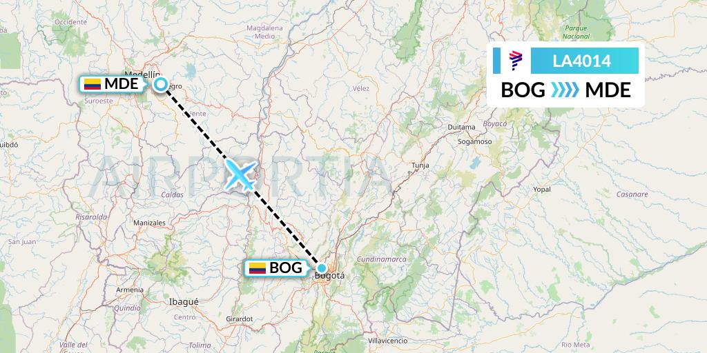 LA4014 LAN Airlines Flight Map: Bogota to Medellin