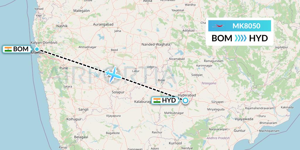 MK8050 Air Mauritius Flight Map: Mumbai to Hyderabad