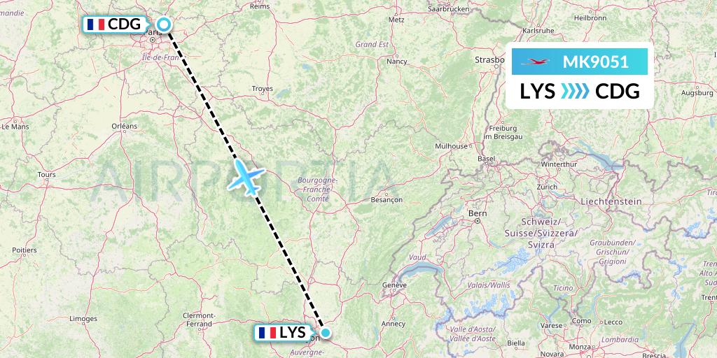 MK9051 Air Mauritius Flight Map: Lyon to Paris