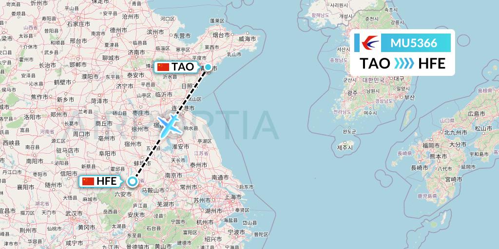 MU5366 China Eastern Airlines Flight Map: Qingdao to Hefei