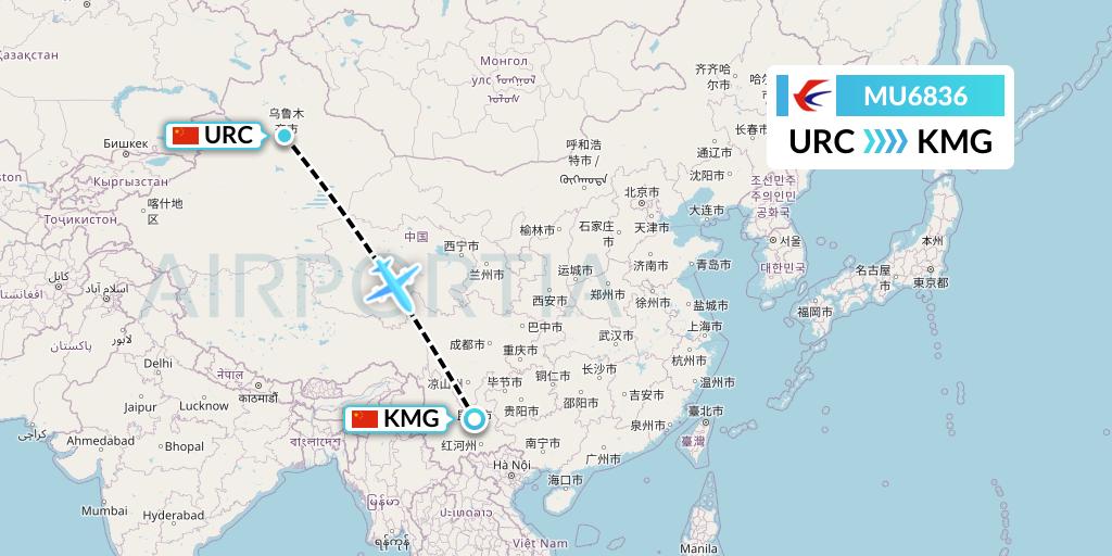 MU6836 China Eastern Airlines Flight Map: Urumqi to Kunming