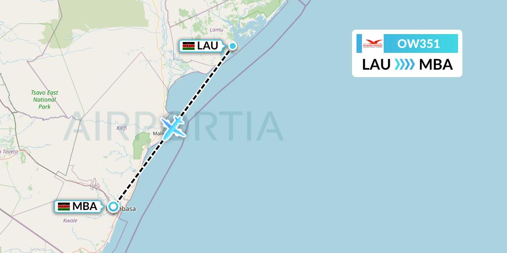 OW351 Skyward Express Flight Map: Lamu to Mombasa