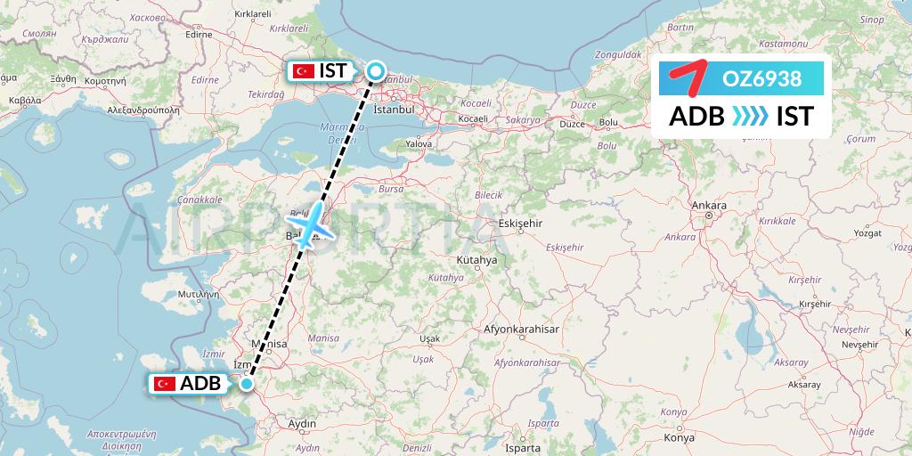 OZ6938 Asiana Airlines Flight Map: Izmir to Istanbul