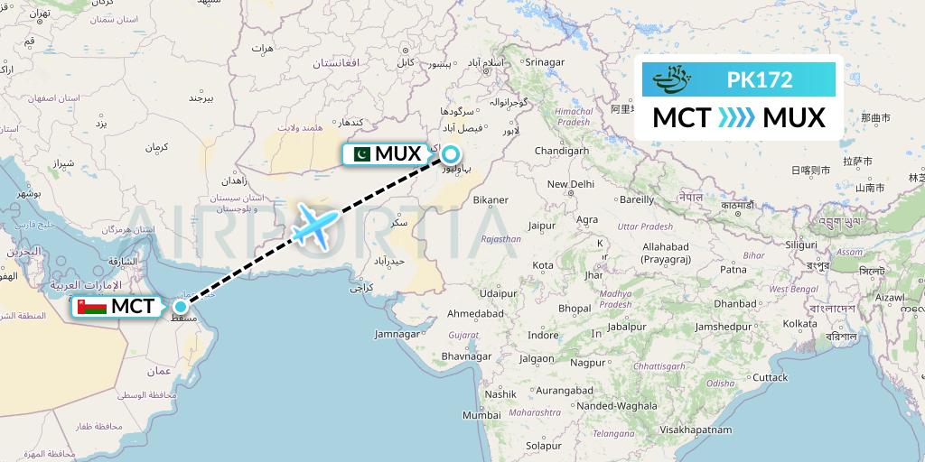 PK172 Pakistan International Airlines Flight Map: Muscat to Multan
