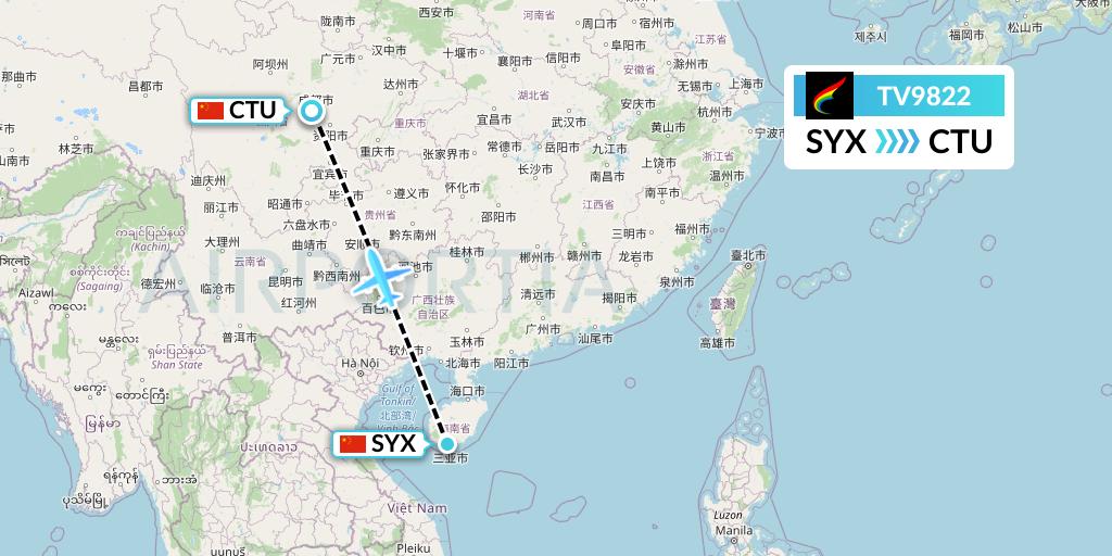 TV9822 Tibet Airlines Flight Map: Sanya to Chengdu
