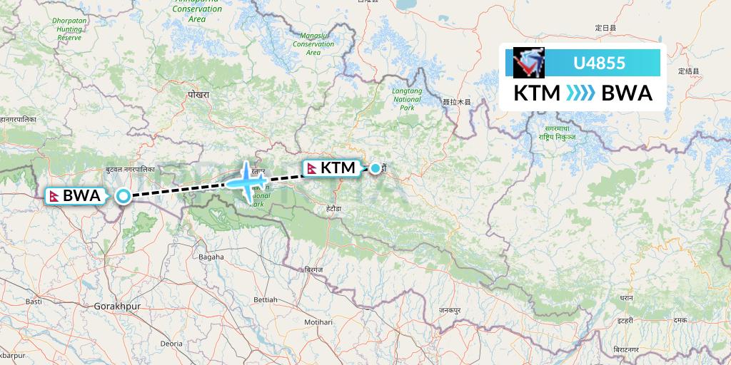 U4855 Buddha Air Flight Map: Kathmandu to Bhairawa