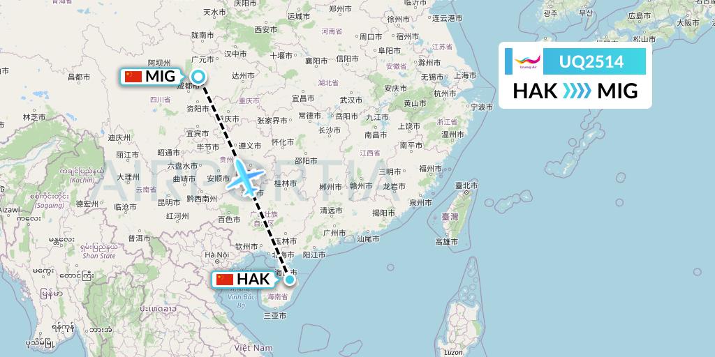 UQ2514 Urumqi Airlines Flight Map: Haikou to Mianyang