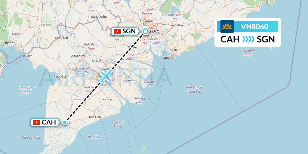 VN8060 Vietnam Airlines Flight Map: Ca Mau to Ho Chi Minh City