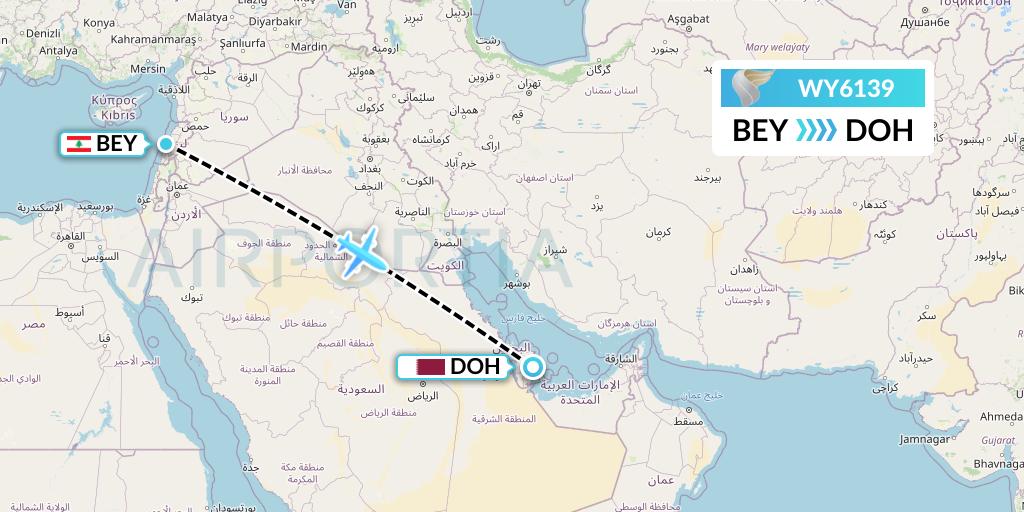 WY6139 Oman Air Flight Map: Beirut to Doha