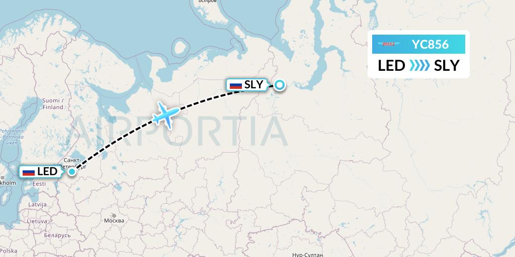 YC856 Yamal Airlines Flight Map: St. Petersburg to Salekhard