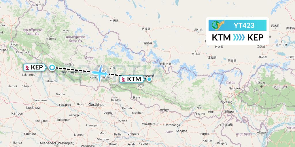 YT423 Yeti Airlines Flight Map: Kathmandu to Nepalgunj