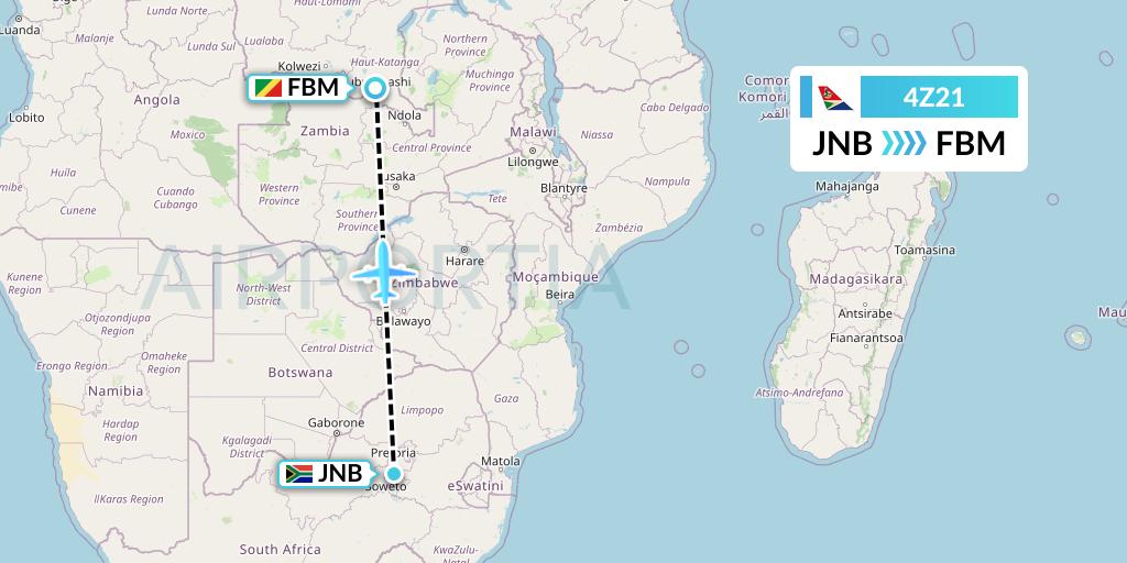 4Z21 Airlink Flight Map: Johannesburg to Lubumbashi