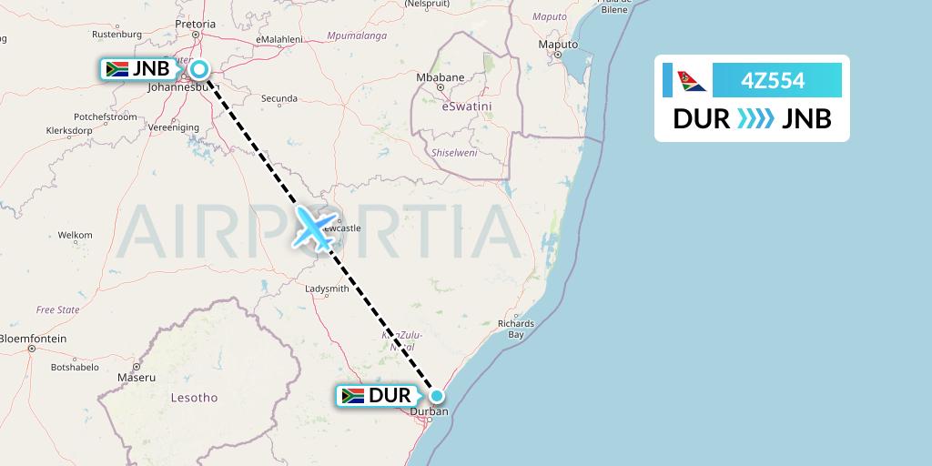 4Z554 Airlink Flight Map: Durban to Johannesburg