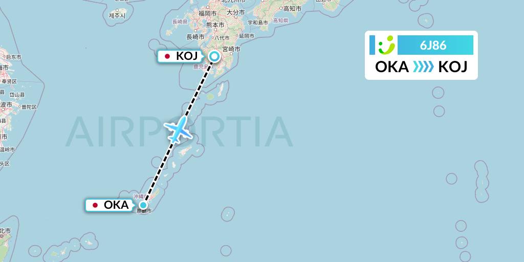 6J86 Solaseed Air Flight Map: Naha to Kagoshima
