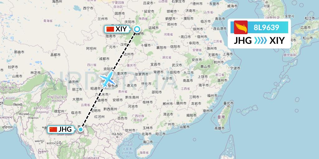 8L9639 Lucky Air Flight Map: Jinghong to Xi'an