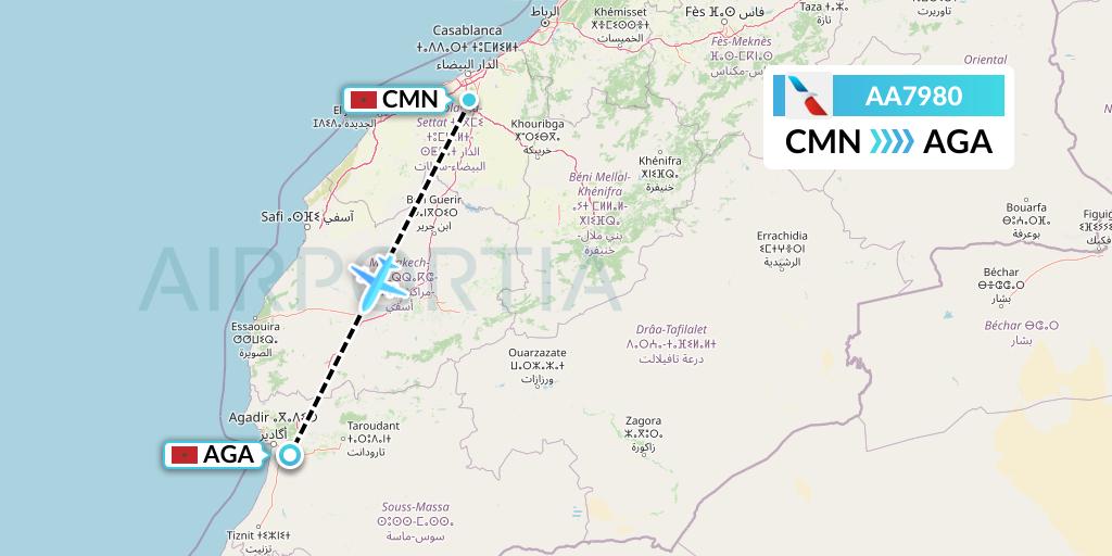 AA7980 American Airlines Flight Map: Casablanca to Agadir