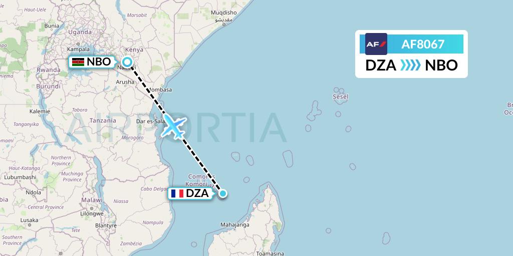 AF8067 Air France Flight Map: Dzaoudzi to Nairobi